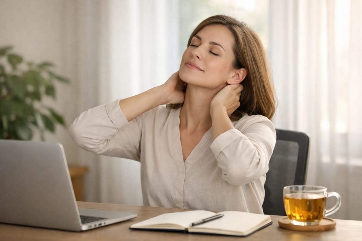 Illustration of a person performing a seated desk stretch at a workstation